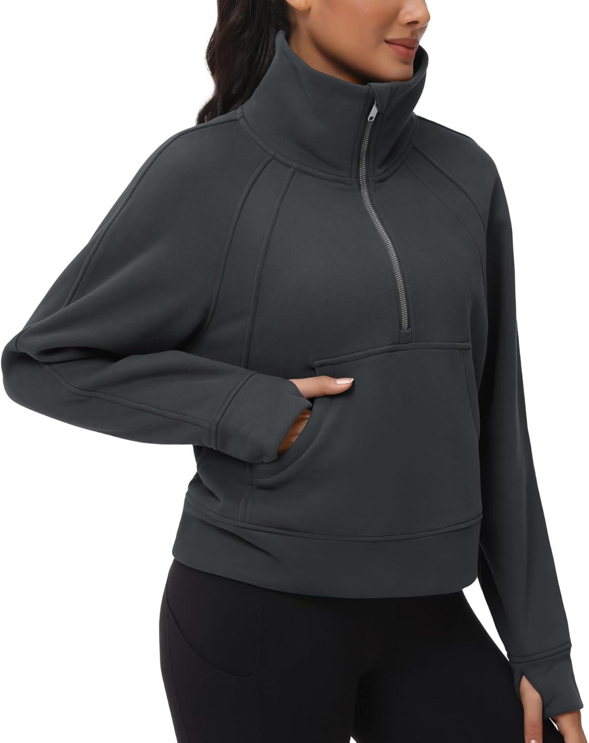 imageTHE GYM PEOPLE Womens Half Zip Pullover Fleece Stand Collar Crop Sweatshirt with Pockets Thumb HoleDark Grey