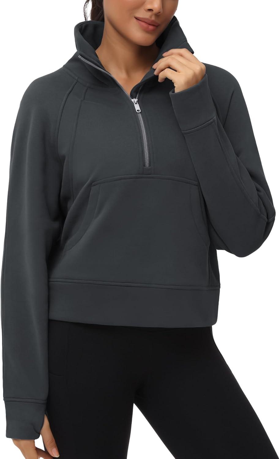 imageTHE GYM PEOPLE Womens Half Zip Pullover Fleece Stand Collar Crop Sweatshirt with Pockets Thumb HoleDark Grey