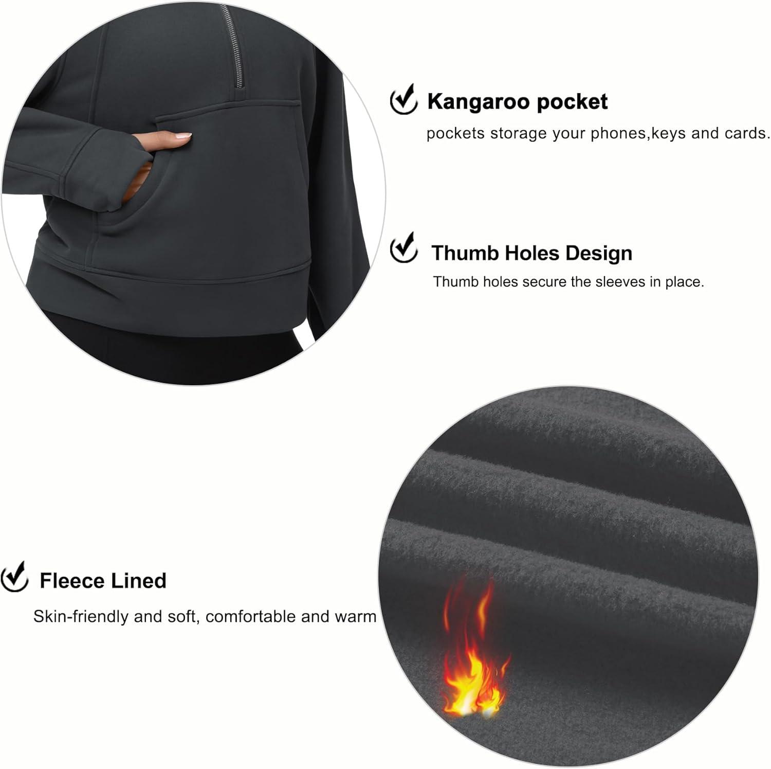imageTHE GYM PEOPLE Womens Half Zip Pullover Fleece Stand Collar Crop Sweatshirt with Pockets Thumb HoleDark Grey