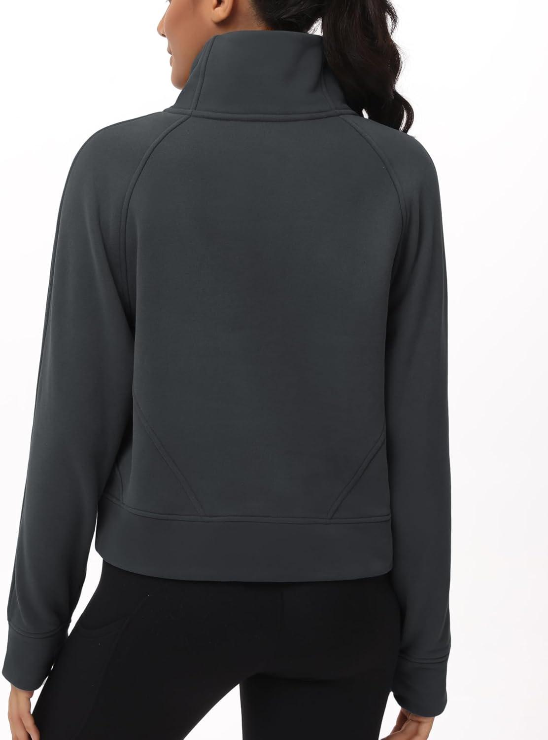 imageTHE GYM PEOPLE Womens Half Zip Pullover Fleece Stand Collar Crop Sweatshirt with Pockets Thumb HoleDark Grey