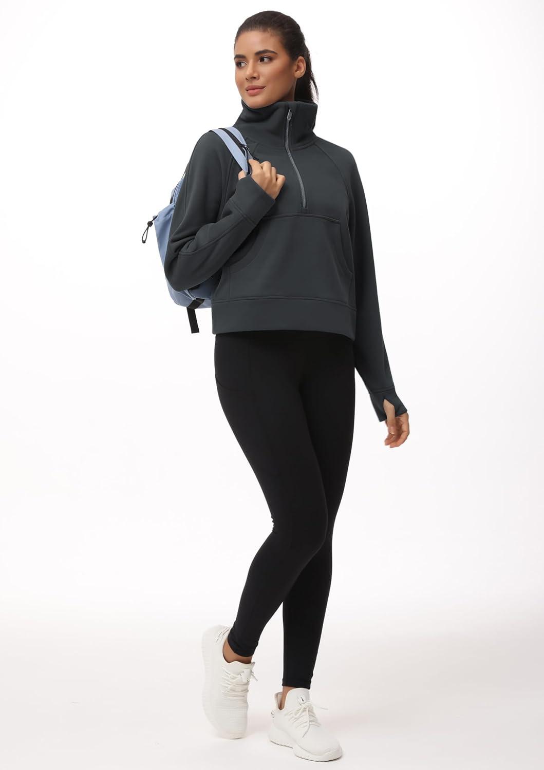 imageTHE GYM PEOPLE Womens Half Zip Pullover Fleece Stand Collar Crop Sweatshirt with Pockets Thumb HoleDark Grey