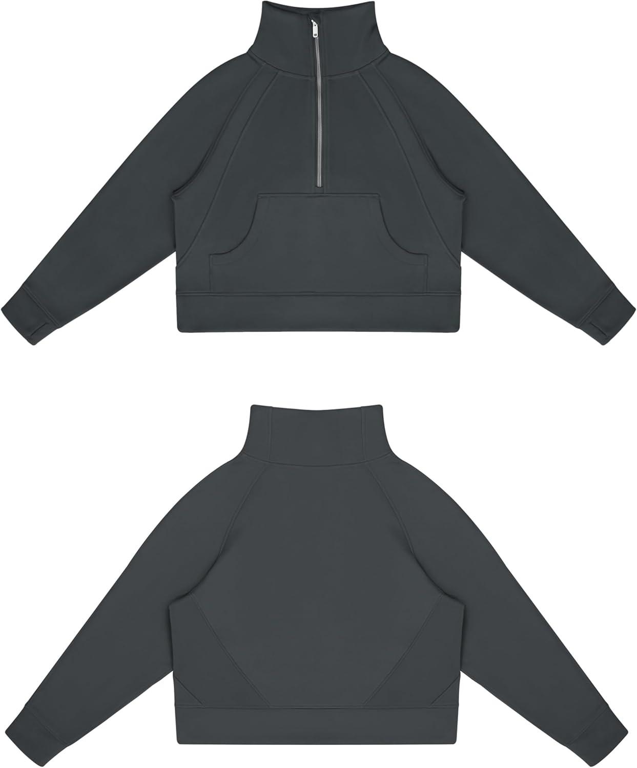 imageTHE GYM PEOPLE Womens Half Zip Pullover Fleece Stand Collar Crop Sweatshirt with Pockets Thumb HoleDark Grey