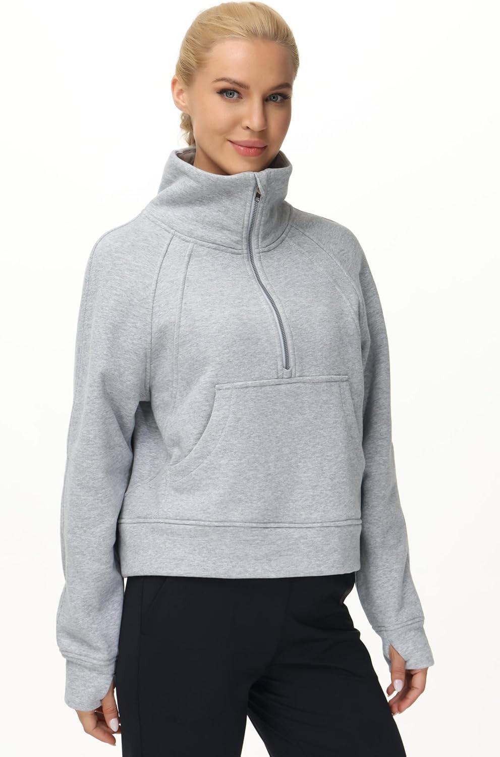 imageTHE GYM PEOPLE Womens Half Zip Pullover Fleece Stand Collar Crop Sweatshirt with Pockets Thumb HoleGrey