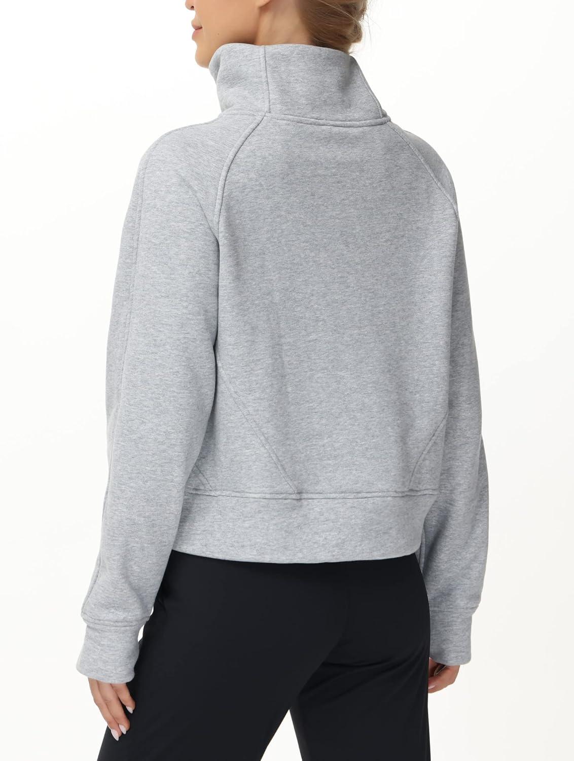 imageTHE GYM PEOPLE Womens Half Zip Pullover Fleece Stand Collar Crop Sweatshirt with Pockets Thumb HoleGrey