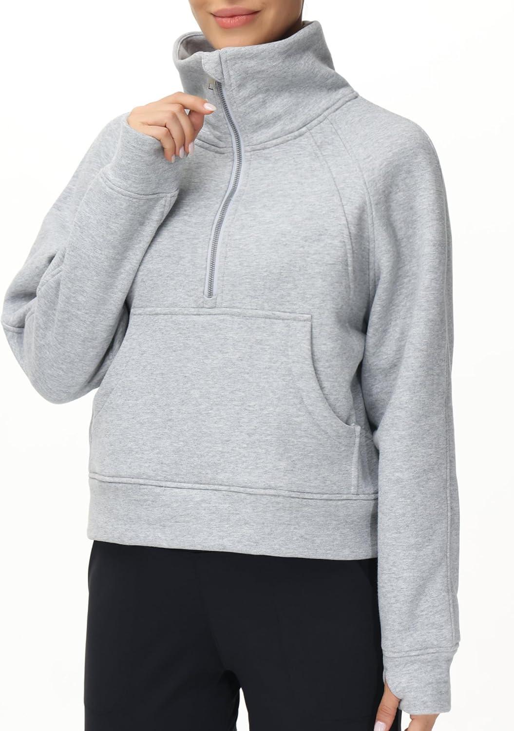 imageTHE GYM PEOPLE Womens Half Zip Pullover Fleece Stand Collar Crop Sweatshirt with Pockets Thumb HoleGrey
