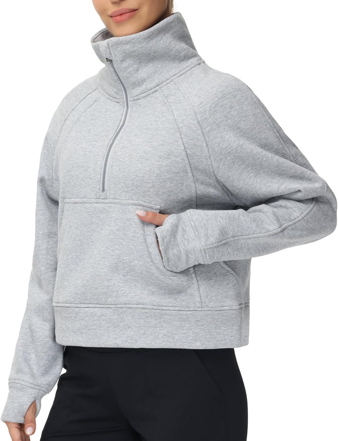imageTHE GYM PEOPLE Womens Half Zip Pullover Fleece Stand Collar Crop Sweatshirt with Pockets Thumb HoleGrey