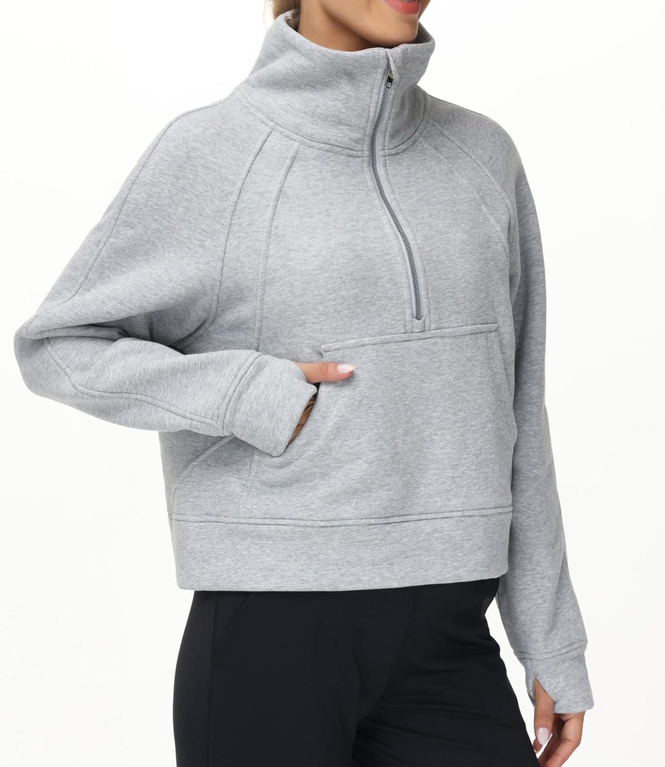 imageTHE GYM PEOPLE Womens Half Zip Pullover Fleece Stand Collar Crop Sweatshirt with Pockets Thumb HoleGrey