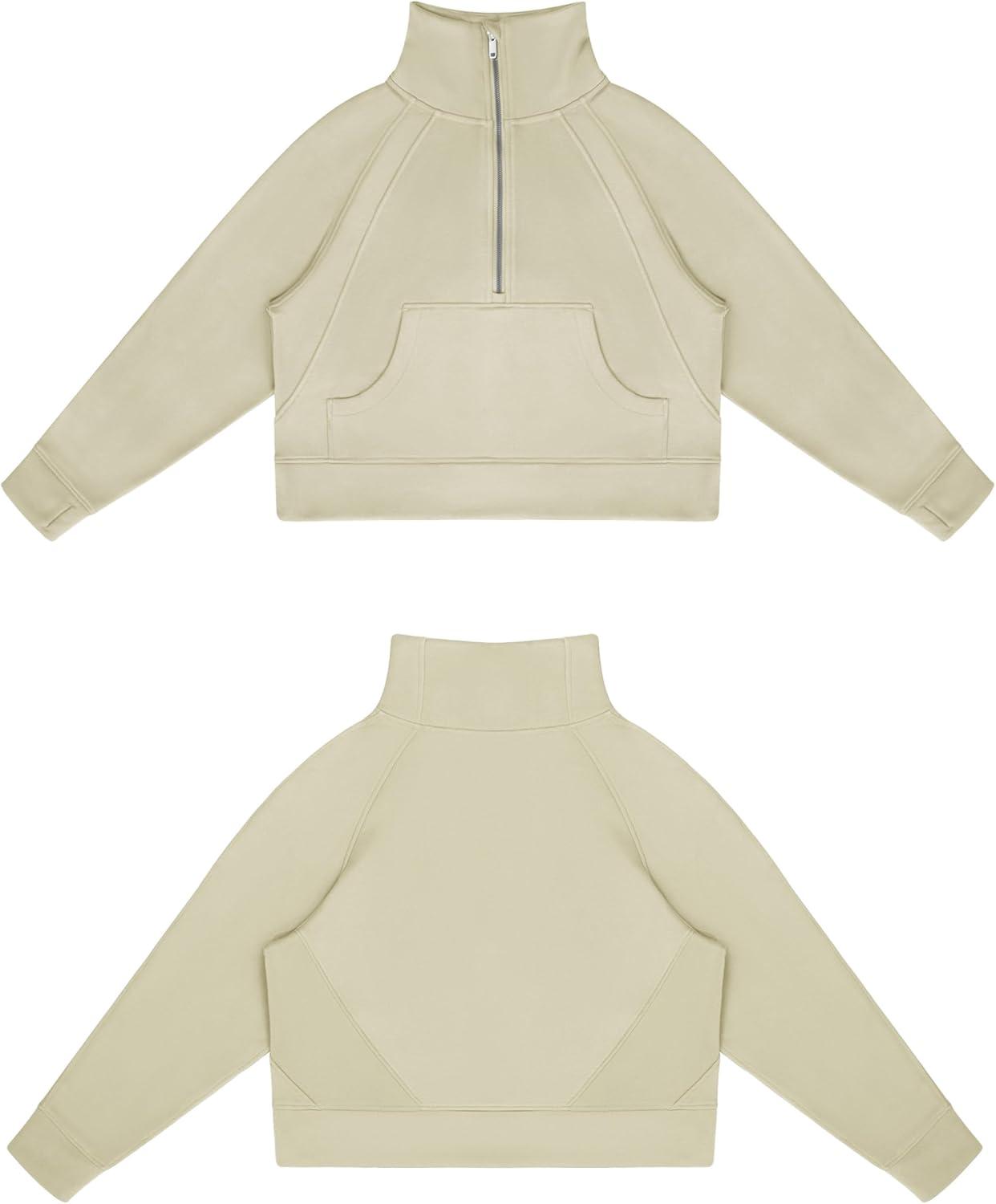 imageTHE GYM PEOPLE Womens Half Zip Pullover Fleece Stand Collar Crop Sweatshirt with Pockets Thumb HoleKhaki