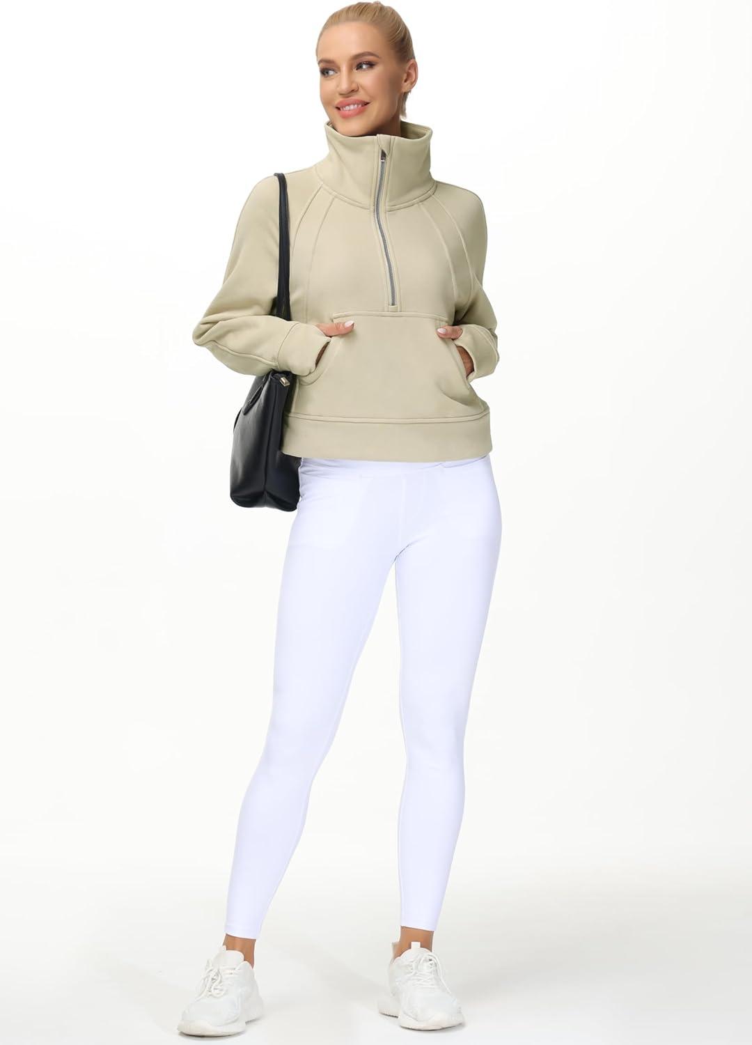 imageTHE GYM PEOPLE Womens Half Zip Pullover Fleece Stand Collar Crop Sweatshirt with Pockets Thumb HoleKhaki
