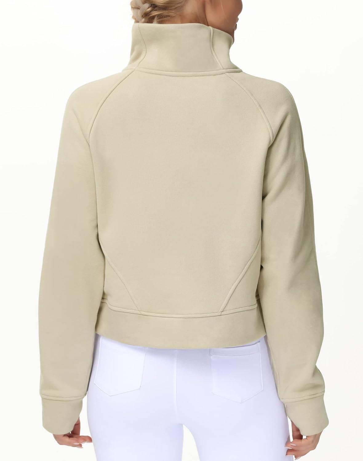 imageTHE GYM PEOPLE Womens Half Zip Pullover Fleece Stand Collar Crop Sweatshirt with Pockets Thumb HoleKhaki