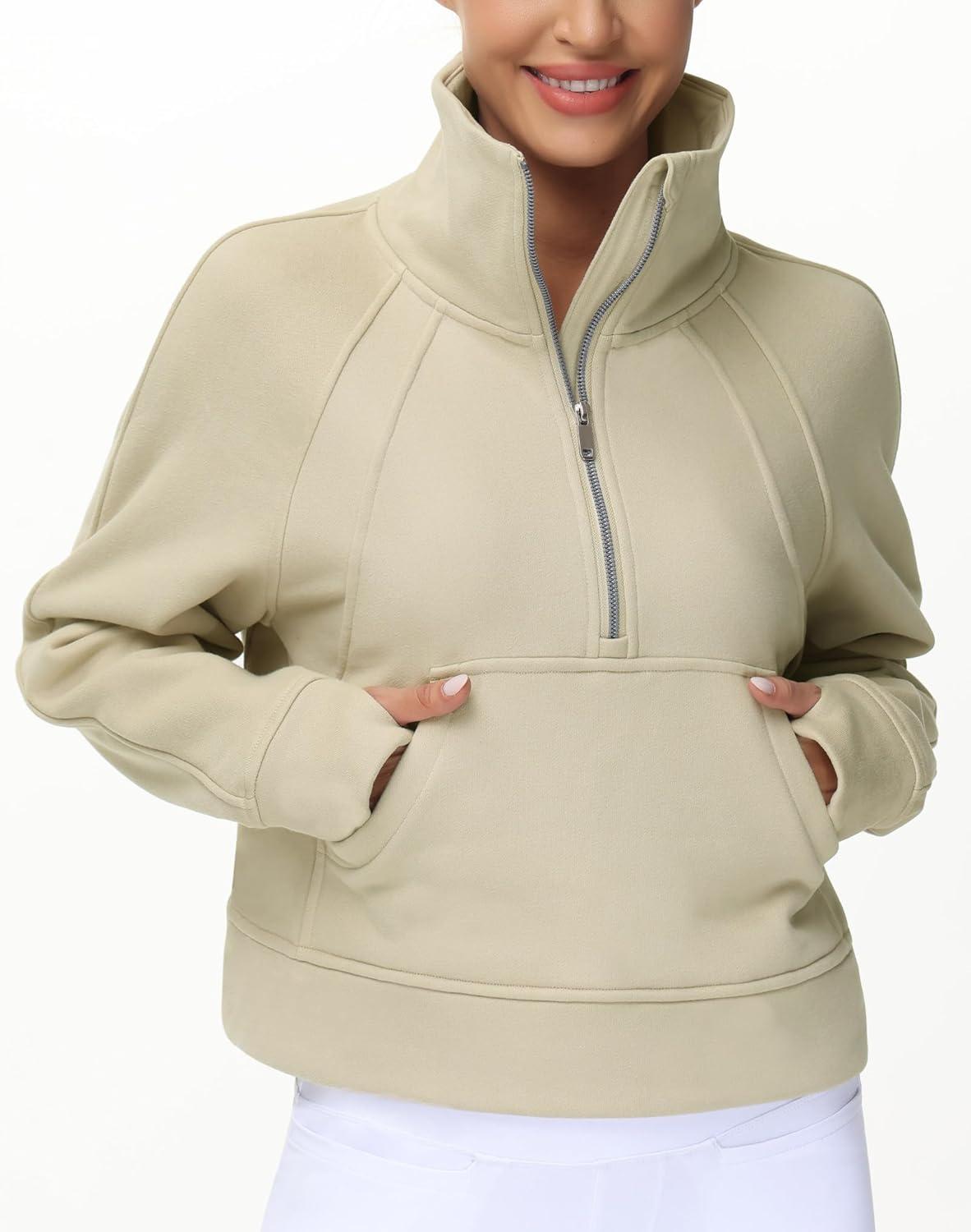 imageTHE GYM PEOPLE Womens Half Zip Pullover Fleece Stand Collar Crop Sweatshirt with Pockets Thumb HoleKhaki