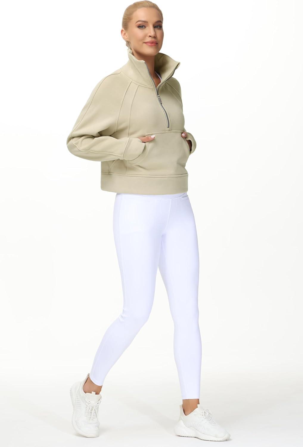 imageTHE GYM PEOPLE Womens Half Zip Pullover Fleece Stand Collar Crop Sweatshirt with Pockets Thumb HoleKhaki