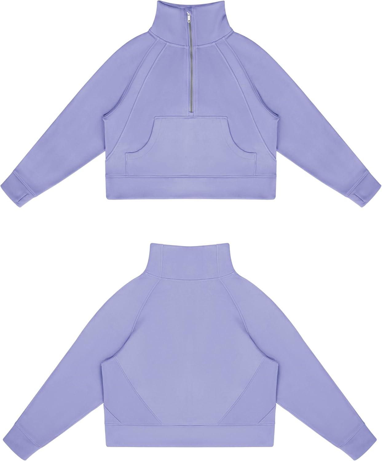 imageTHE GYM PEOPLE Womens Half Zip Pullover Fleece Stand Collar Crop Sweatshirt with Pockets Thumb HoleLavender Purple