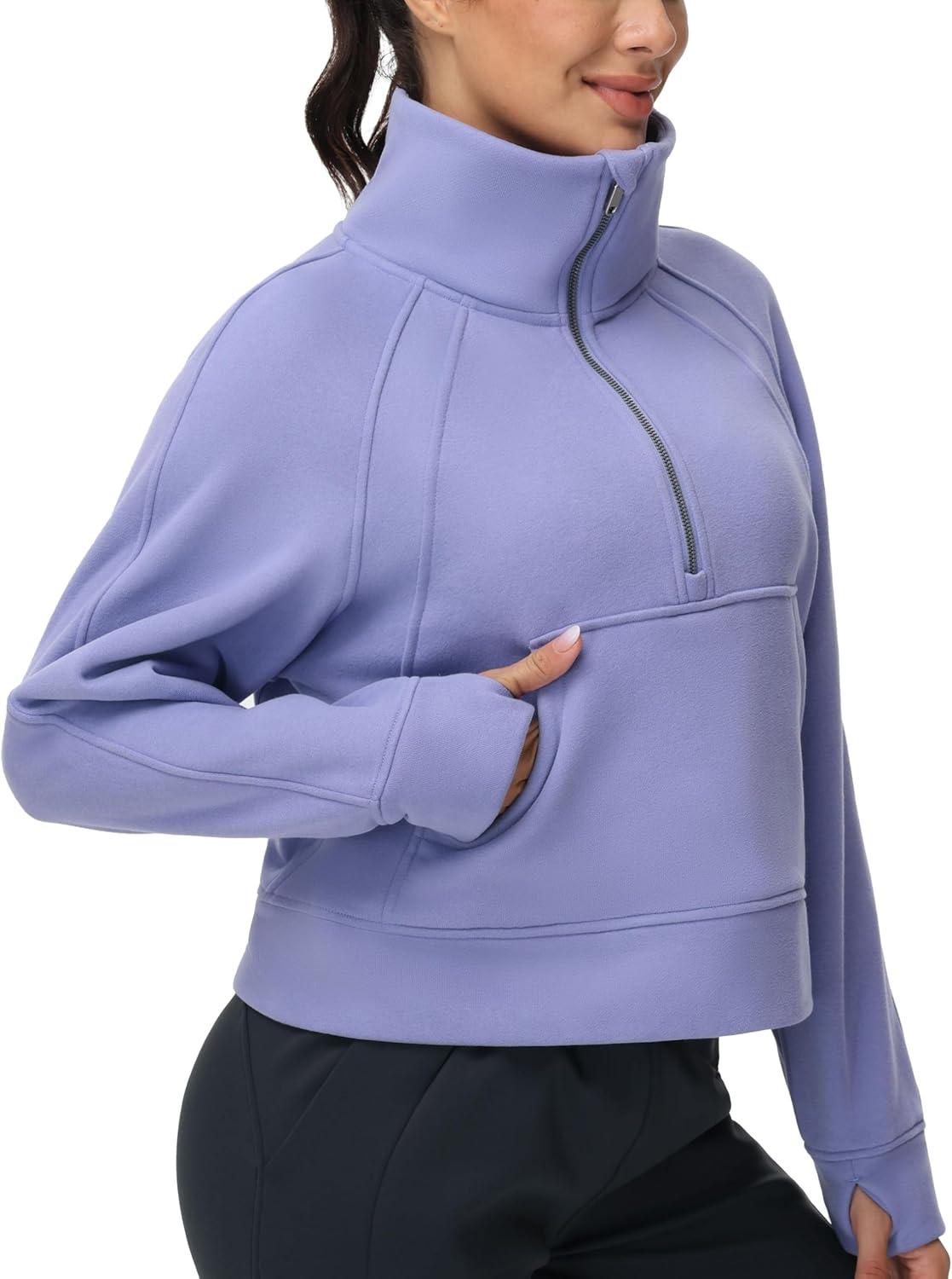 imageTHE GYM PEOPLE Womens Half Zip Pullover Fleece Stand Collar Crop Sweatshirt with Pockets Thumb HoleLavender Purple