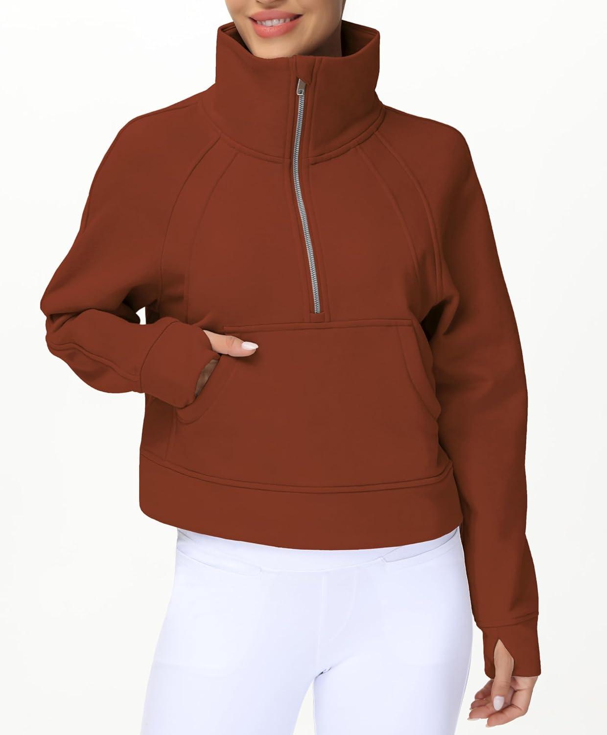imageTHE GYM PEOPLE Womens Half Zip Pullover Fleece Stand Collar Crop Sweatshirt with Pockets Thumb HoleMaroon