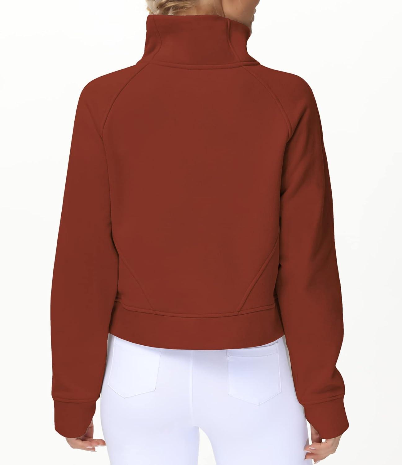imageTHE GYM PEOPLE Womens Half Zip Pullover Fleece Stand Collar Crop Sweatshirt with Pockets Thumb HoleMaroon