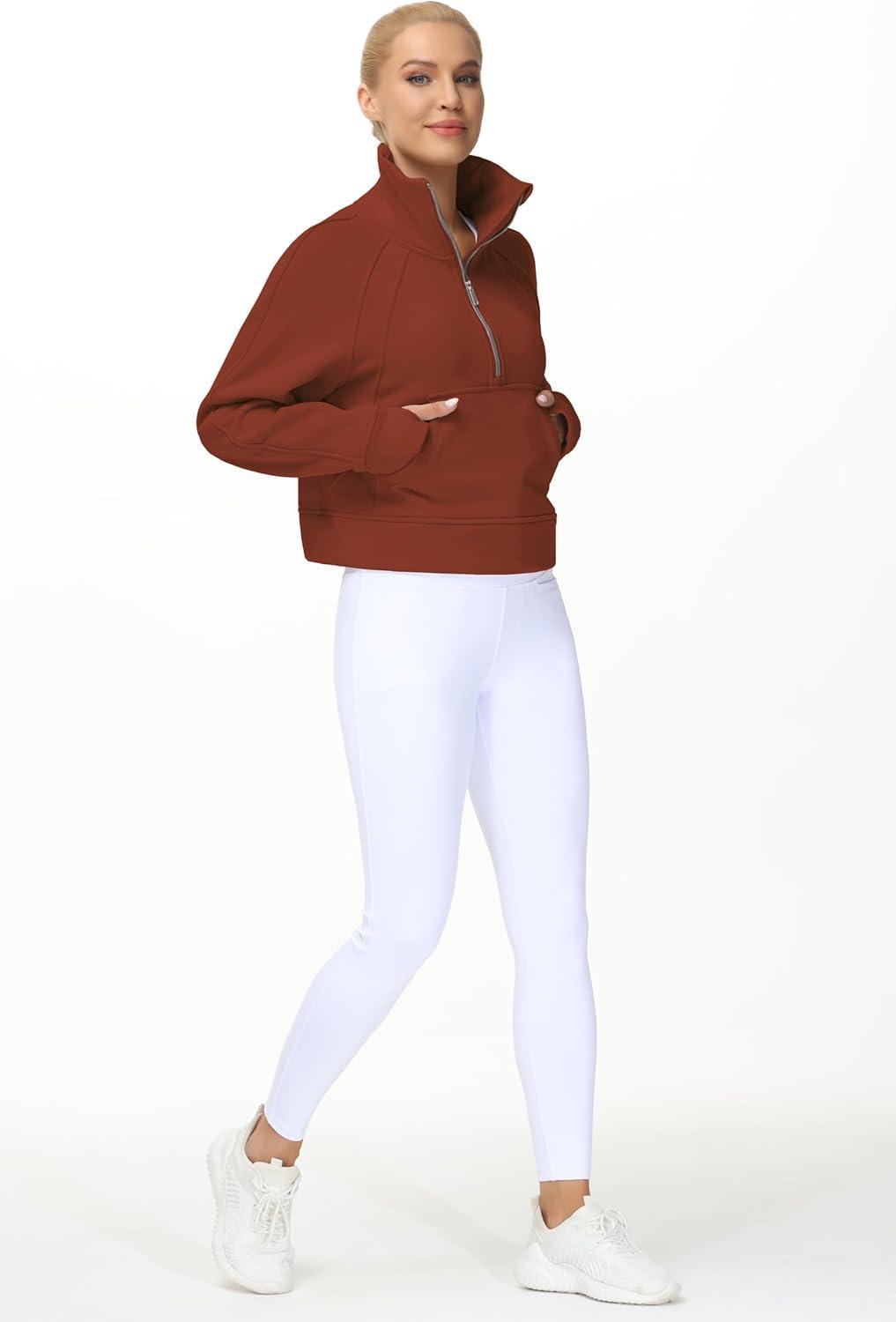 imageTHE GYM PEOPLE Womens Half Zip Pullover Fleece Stand Collar Crop Sweatshirt with Pockets Thumb HoleMaroon