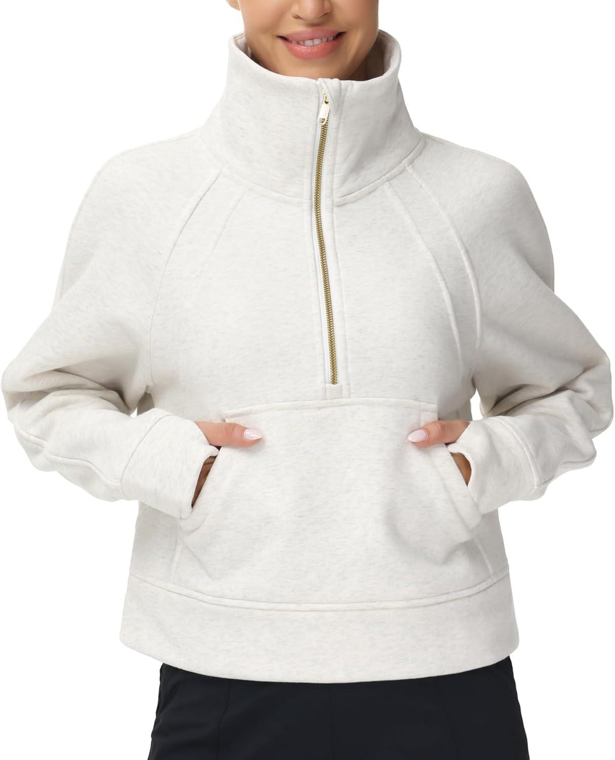 imageTHE GYM PEOPLE Womens Half Zip Pullover Fleece Stand Collar Crop Sweatshirt with Pockets Thumb HoleOffwhite