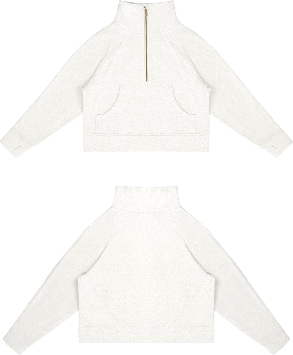 imageTHE GYM PEOPLE Womens Half Zip Pullover Fleece Stand Collar Crop Sweatshirt with Pockets Thumb HoleOffwhite