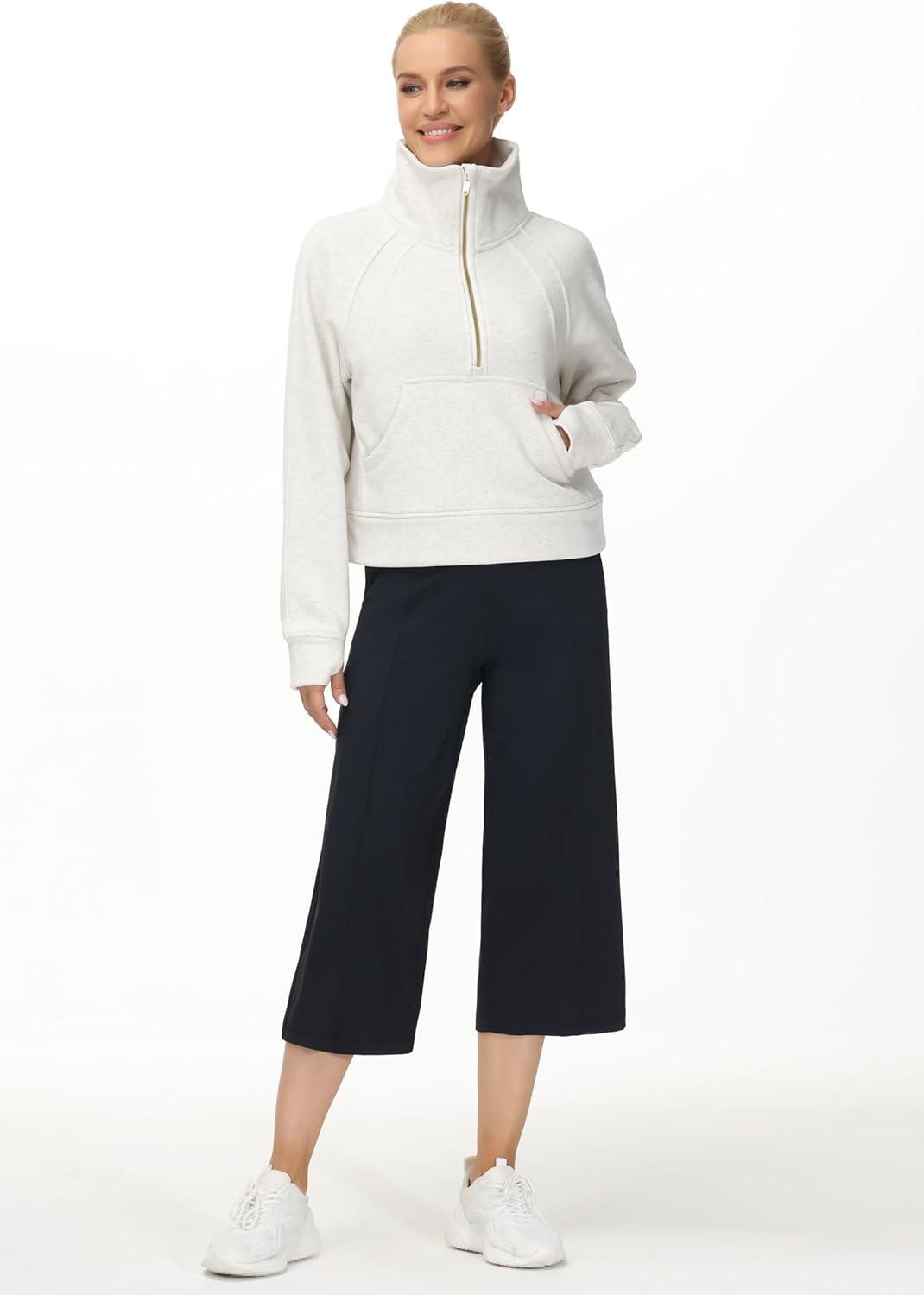 imageTHE GYM PEOPLE Womens Half Zip Pullover Fleece Stand Collar Crop Sweatshirt with Pockets Thumb HoleOffwhite