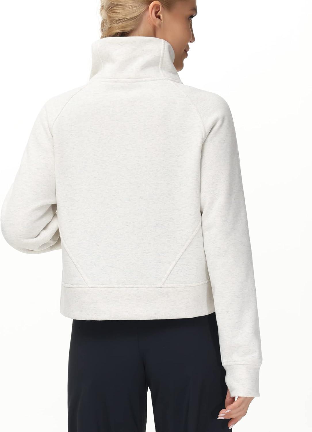 imageTHE GYM PEOPLE Womens Half Zip Pullover Fleece Stand Collar Crop Sweatshirt with Pockets Thumb HoleOffwhite