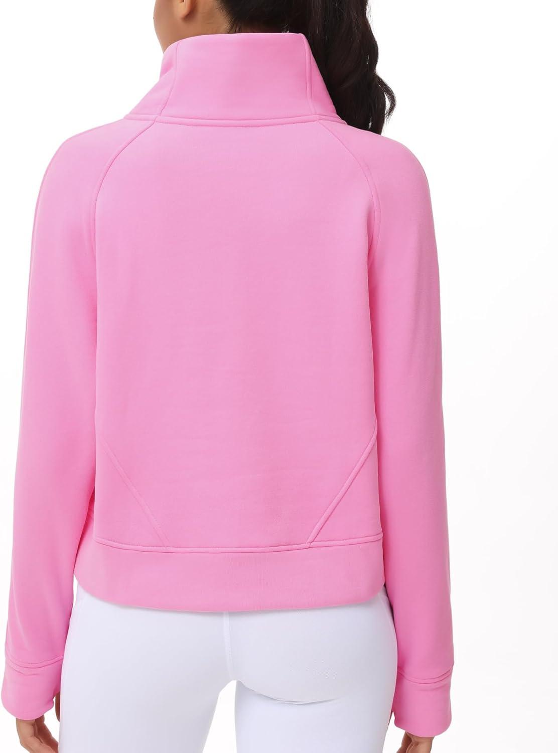 imageTHE GYM PEOPLE Womens Half Zip Pullover Fleece Stand Collar Crop Sweatshirt with Pockets Thumb HolePink