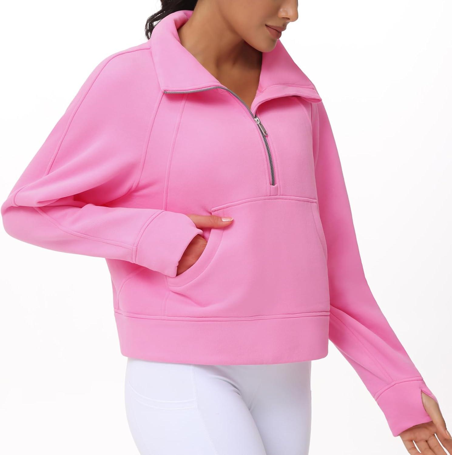 imageTHE GYM PEOPLE Womens Half Zip Pullover Fleece Stand Collar Crop Sweatshirt with Pockets Thumb HolePink