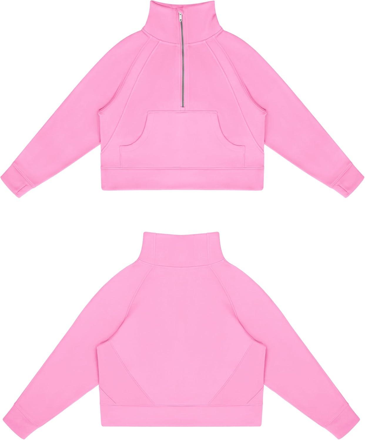imageTHE GYM PEOPLE Womens Half Zip Pullover Fleece Stand Collar Crop Sweatshirt with Pockets Thumb HolePink