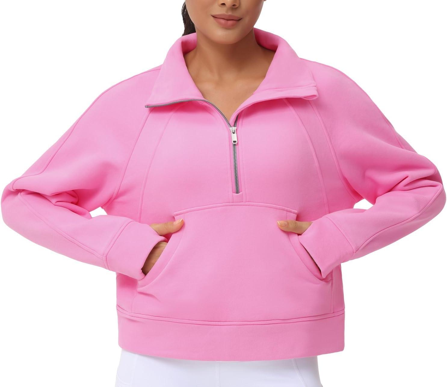 imageTHE GYM PEOPLE Womens Half Zip Pullover Fleece Stand Collar Crop Sweatshirt with Pockets Thumb HolePink