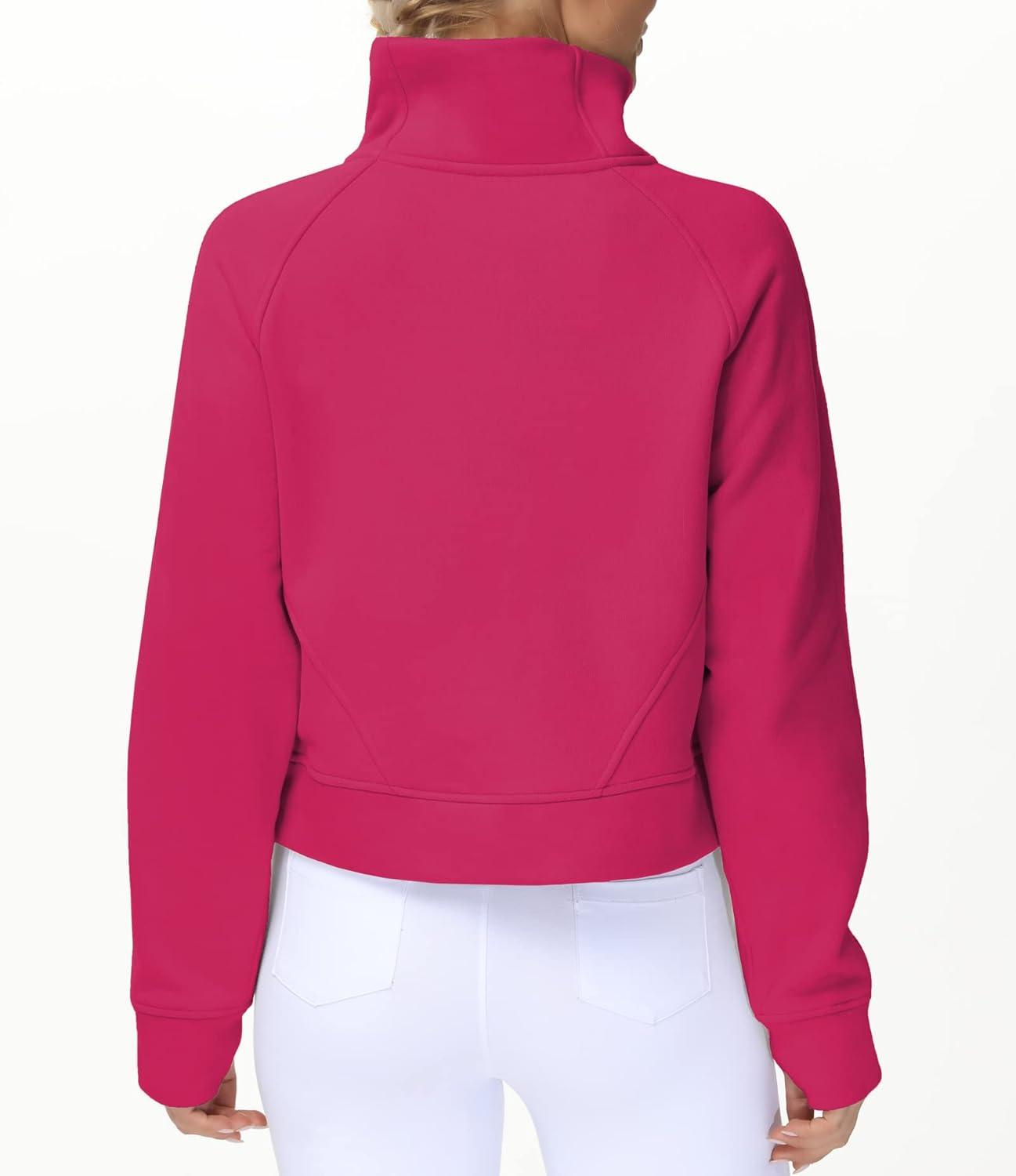 imageTHE GYM PEOPLE Womens Half Zip Pullover Fleece Stand Collar Crop Sweatshirt with Pockets Thumb HolePitaya Red