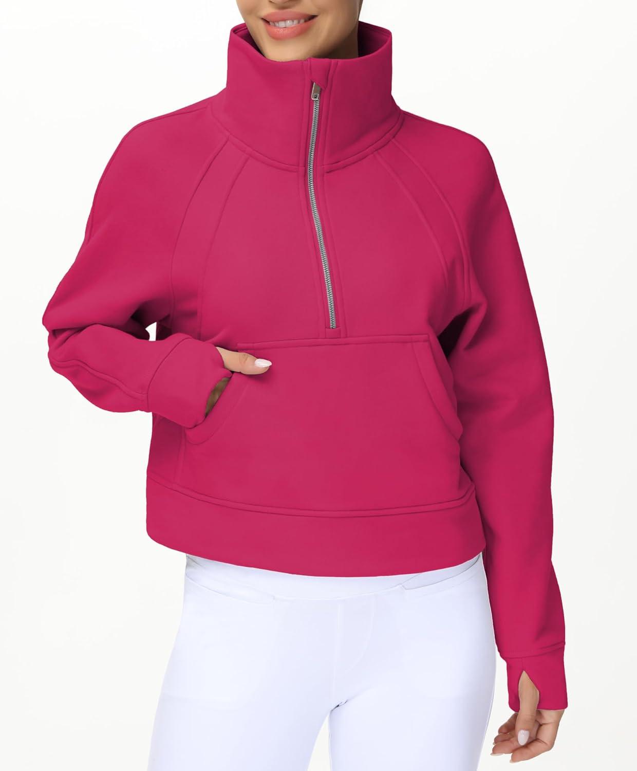 imageTHE GYM PEOPLE Womens Half Zip Pullover Fleece Stand Collar Crop Sweatshirt with Pockets Thumb HolePitaya Red
