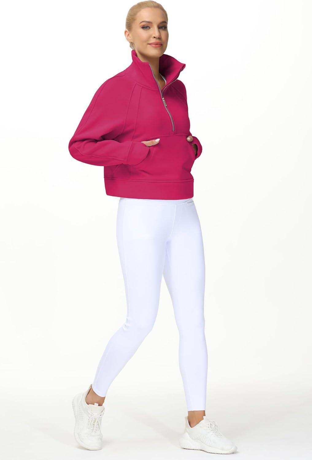 imageTHE GYM PEOPLE Womens Half Zip Pullover Fleece Stand Collar Crop Sweatshirt with Pockets Thumb HolePitaya Red