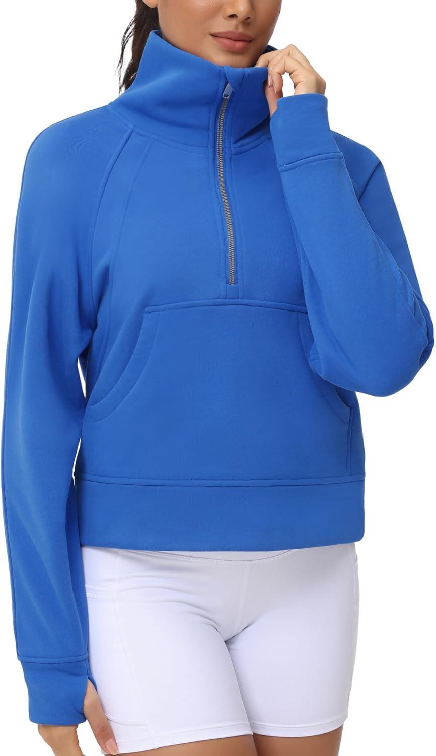 imageTHE GYM PEOPLE Womens Half Zip Pullover Fleece Stand Collar Crop Sweatshirt with Pockets Thumb HoleSea Blue