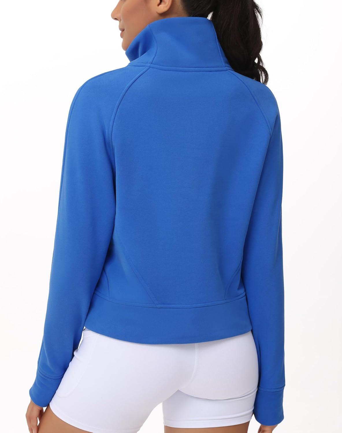 imageTHE GYM PEOPLE Womens Half Zip Pullover Fleece Stand Collar Crop Sweatshirt with Pockets Thumb HoleSea Blue