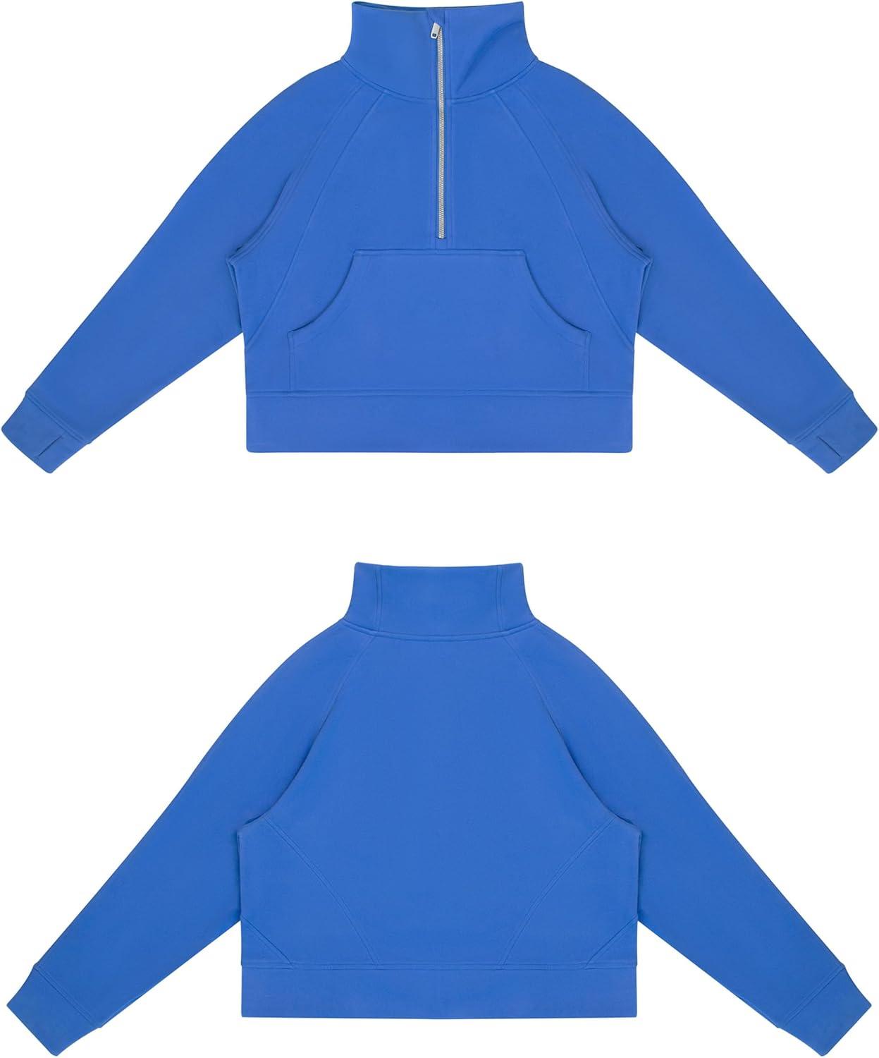imageTHE GYM PEOPLE Womens Half Zip Pullover Fleece Stand Collar Crop Sweatshirt with Pockets Thumb HoleSea Blue
