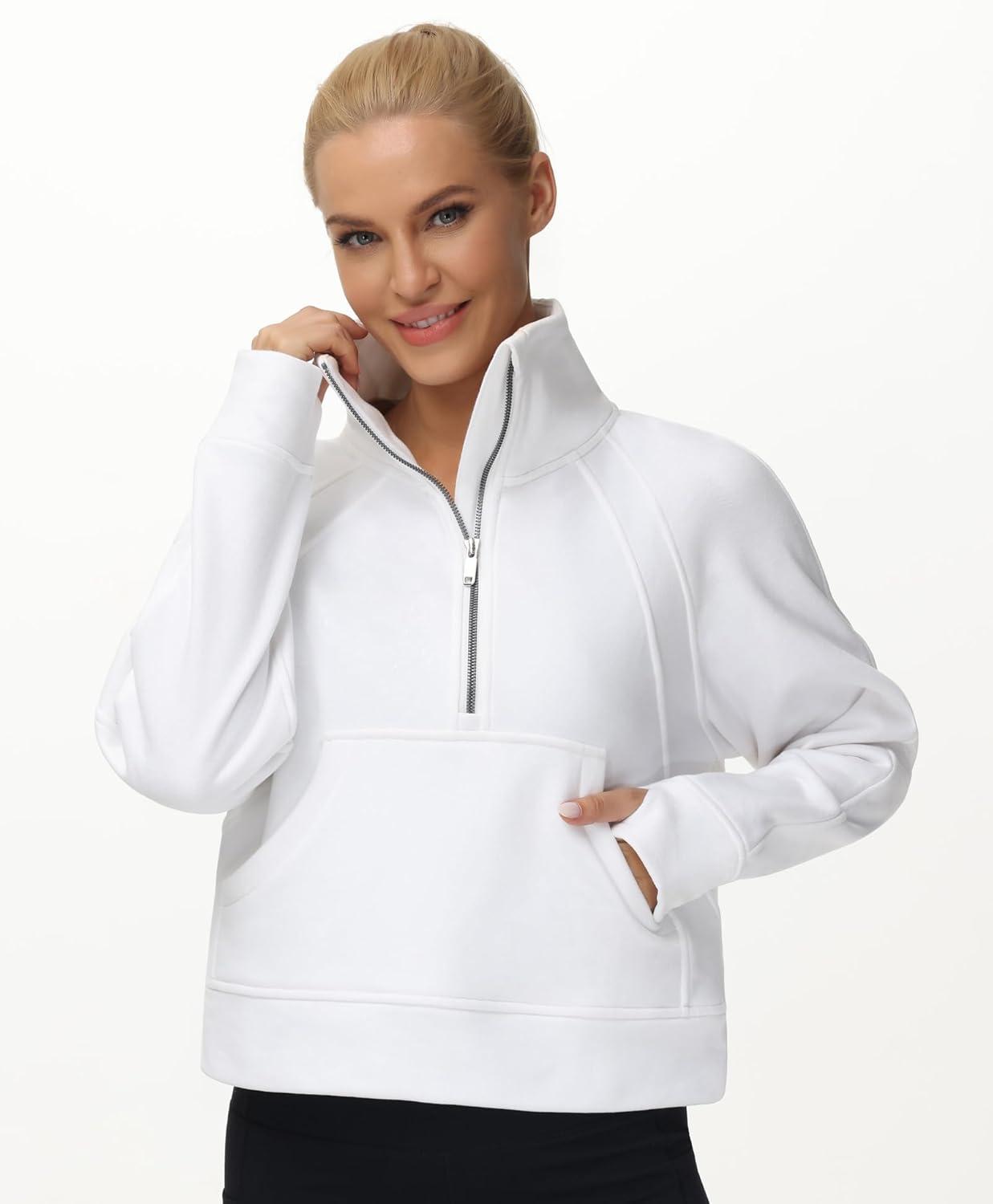 imageTHE GYM PEOPLE Womens Half Zip Pullover Fleece Stand Collar Crop Sweatshirt with Pockets Thumb HoleWhite