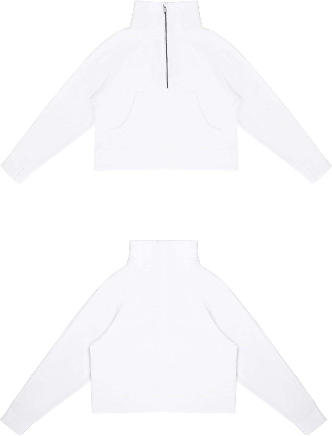 imageTHE GYM PEOPLE Womens Half Zip Pullover Fleece Stand Collar Crop Sweatshirt with Pockets Thumb HoleWhite