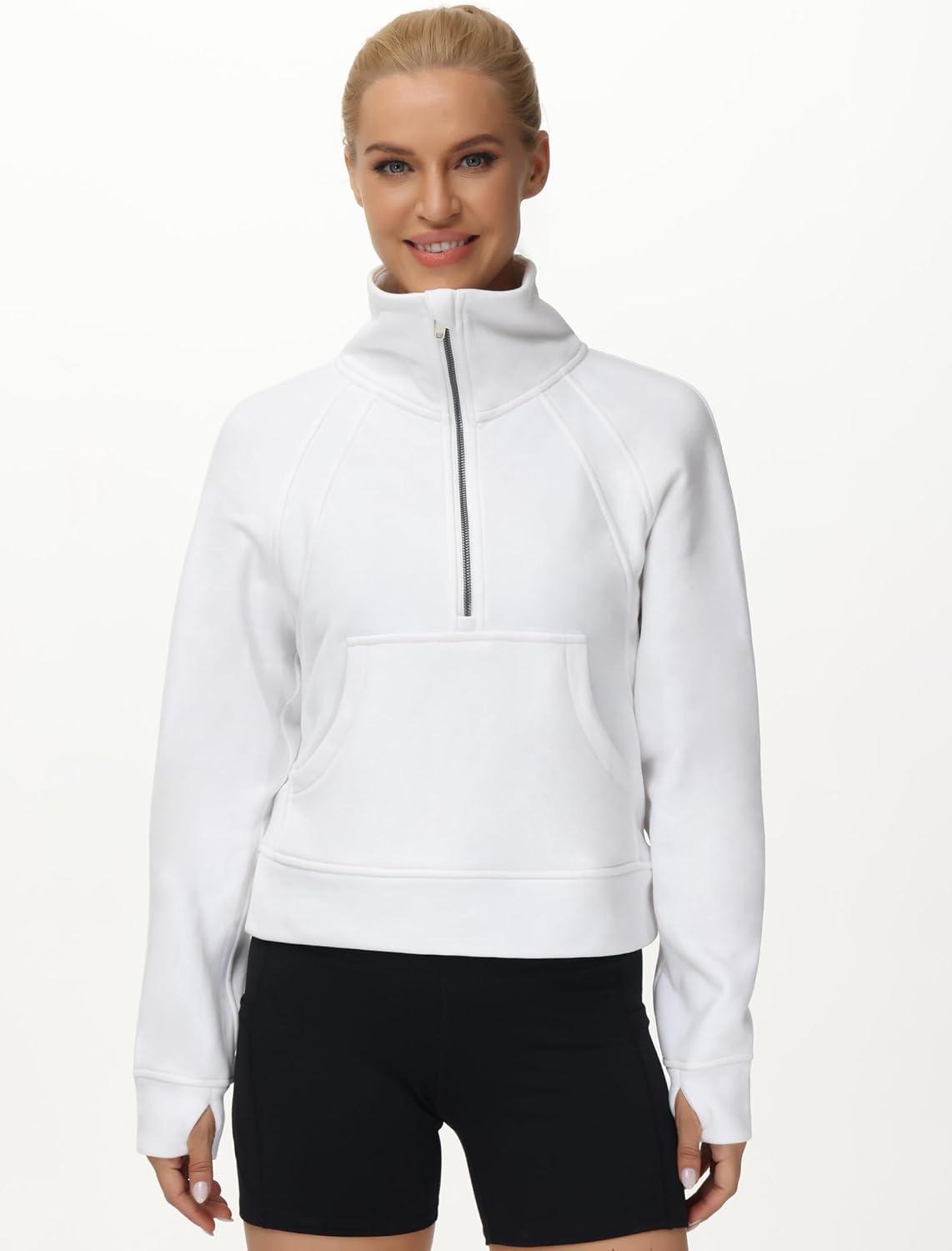 imageTHE GYM PEOPLE Womens Half Zip Pullover Fleece Stand Collar Crop Sweatshirt with Pockets Thumb HoleWhite