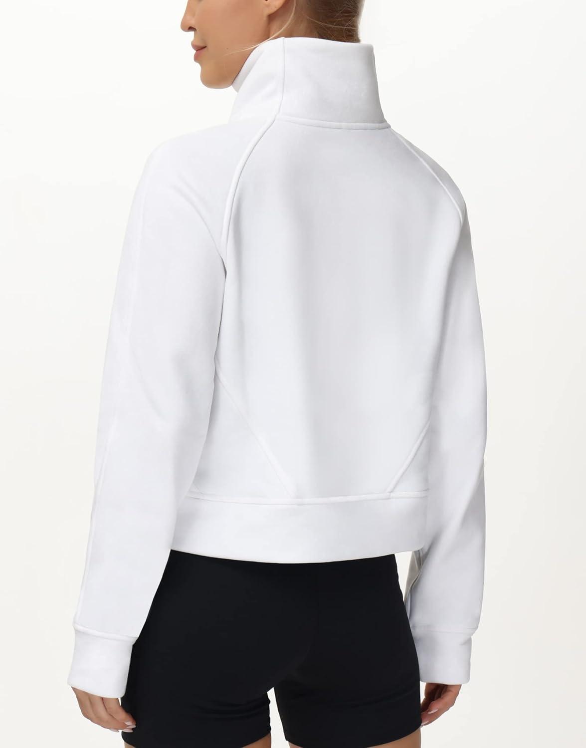 imageTHE GYM PEOPLE Womens Half Zip Pullover Fleece Stand Collar Crop Sweatshirt with Pockets Thumb HoleWhite