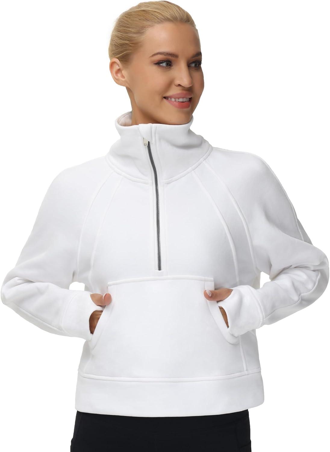 imageTHE GYM PEOPLE Womens Half Zip Pullover Fleece Stand Collar Crop Sweatshirt with Pockets Thumb HoleWhite