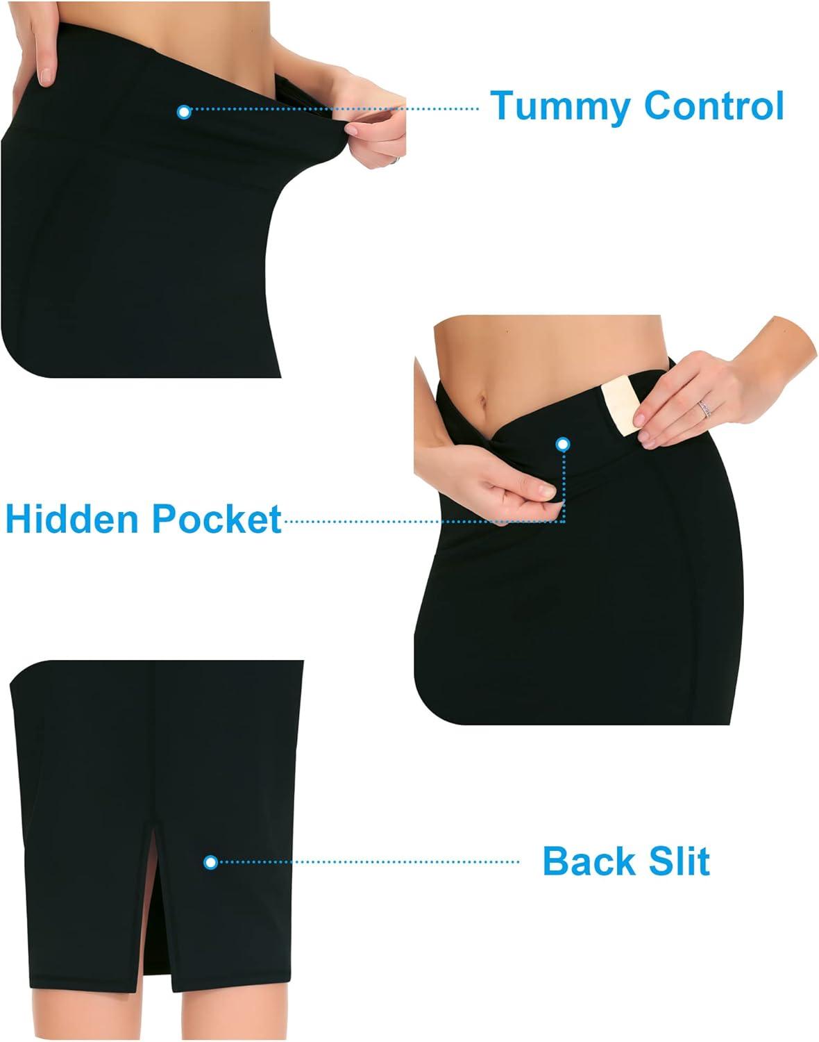 imageTHE GYM PEOPLE Womens High Waist Tummy Control Pencil Skirts Stretchy Bodycon Midi Skirt Below Knee with Back SlitBlack