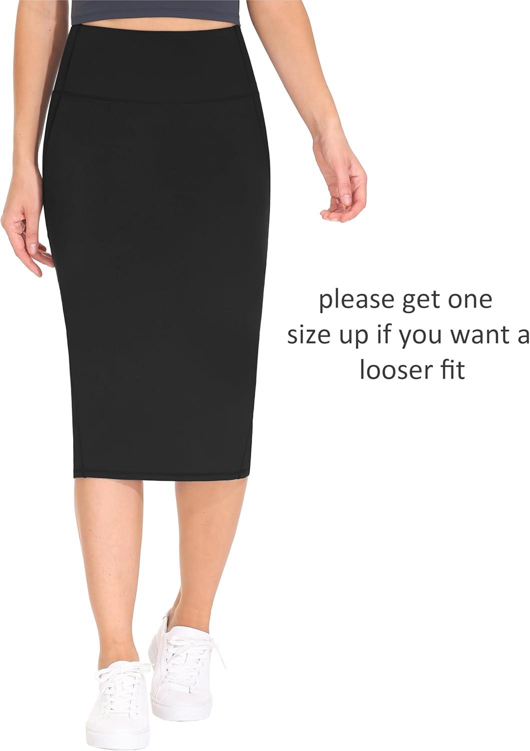 imageTHE GYM PEOPLE Womens High Waist Tummy Control Pencil Skirts Stretchy Bodycon Midi Skirt Below Knee with Back SlitBlack