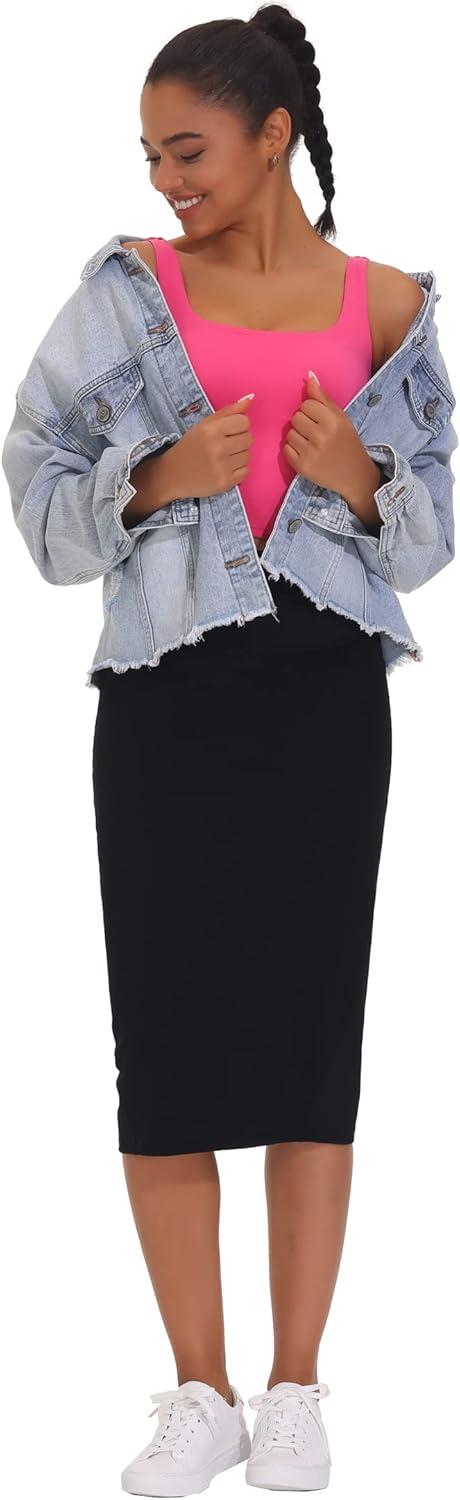 imageTHE GYM PEOPLE Womens High Waist Tummy Control Pencil Skirts Stretchy Bodycon Midi Skirt Below Knee with Back SlitBlack