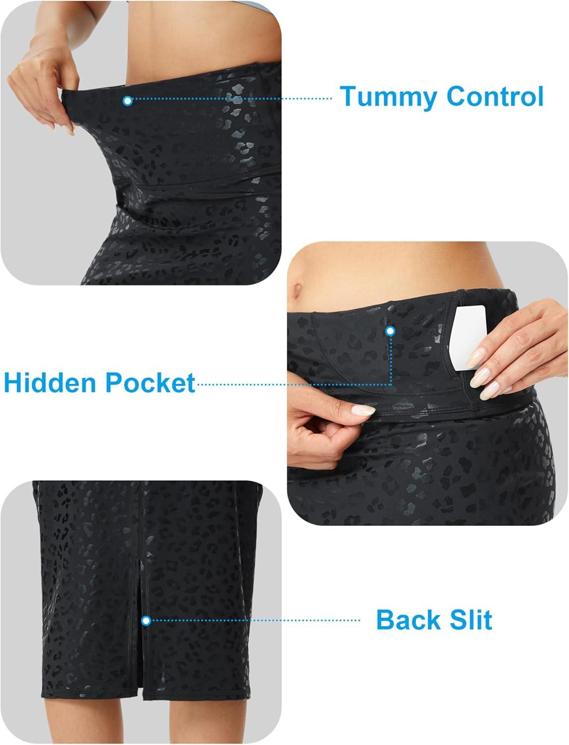 imageTHE GYM PEOPLE Womens High Waist Tummy Control Pencil Skirts Stretchy Bodycon Midi Skirt Below Knee with Back SlitBlack Leopard