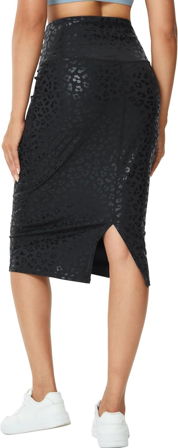 imageTHE GYM PEOPLE Womens High Waist Tummy Control Pencil Skirts Stretchy Bodycon Midi Skirt Below Knee with Back SlitBlack Leopard