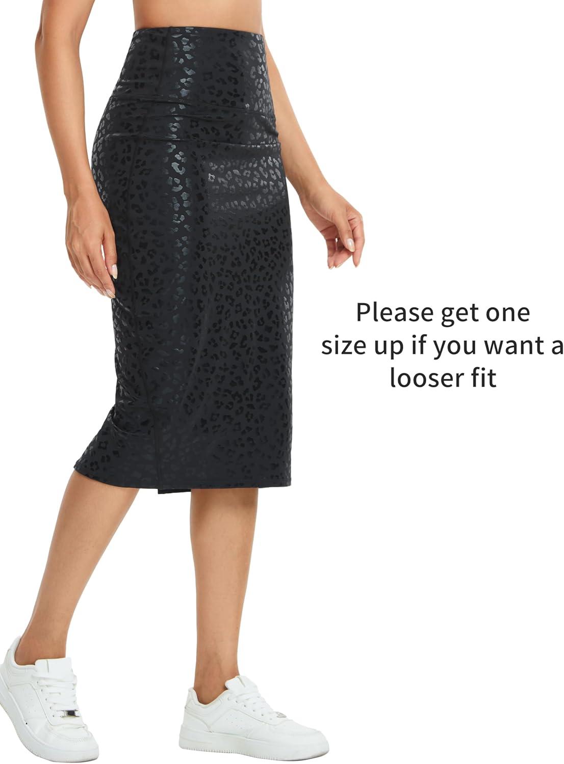 imageTHE GYM PEOPLE Womens High Waist Tummy Control Pencil Skirts Stretchy Bodycon Midi Skirt Below Knee with Back SlitBlack Leopard