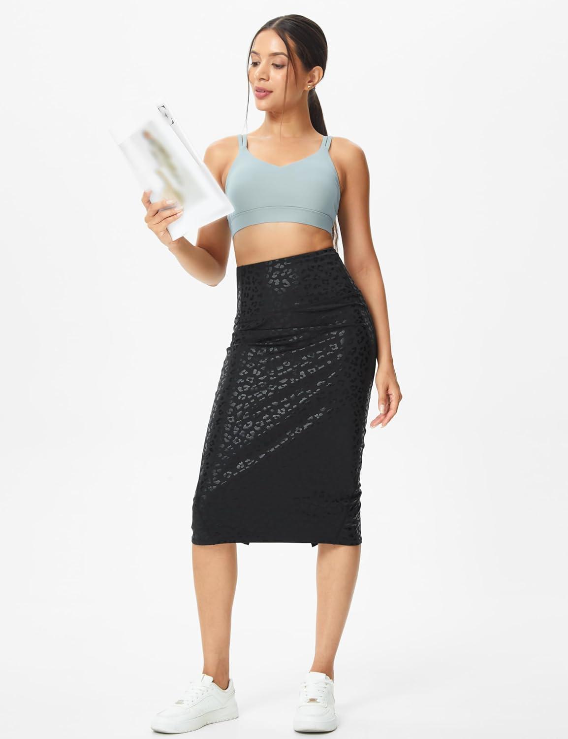 imageTHE GYM PEOPLE Womens High Waist Tummy Control Pencil Skirts Stretchy Bodycon Midi Skirt Below Knee with Back SlitBlack Leopard