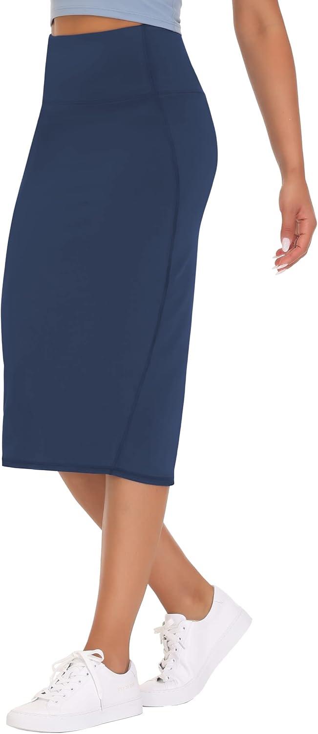 imageTHE GYM PEOPLE Womens High Waist Tummy Control Pencil Skirts Stretchy Bodycon Midi Skirt Below Knee with Back SlitBlue