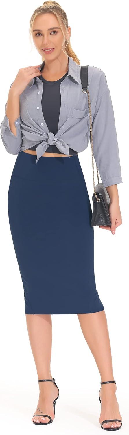 imageTHE GYM PEOPLE Womens High Waist Tummy Control Pencil Skirts Stretchy Bodycon Midi Skirt Below Knee with Back SlitBlue