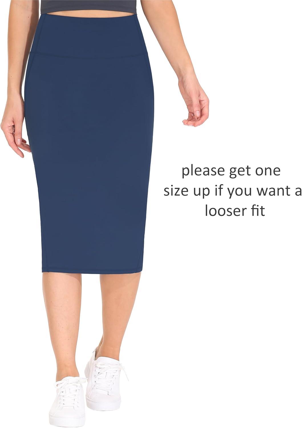 imageTHE GYM PEOPLE Womens High Waist Tummy Control Pencil Skirts Stretchy Bodycon Midi Skirt Below Knee with Back SlitBlue